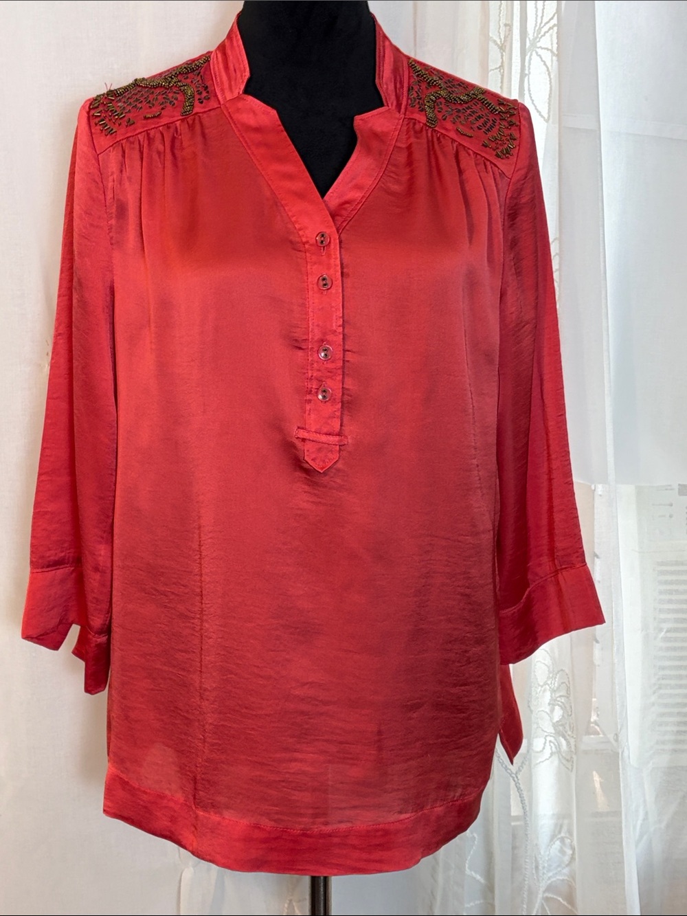 Tribal Orange-Red Satin Embellished-Shoulder Tunic